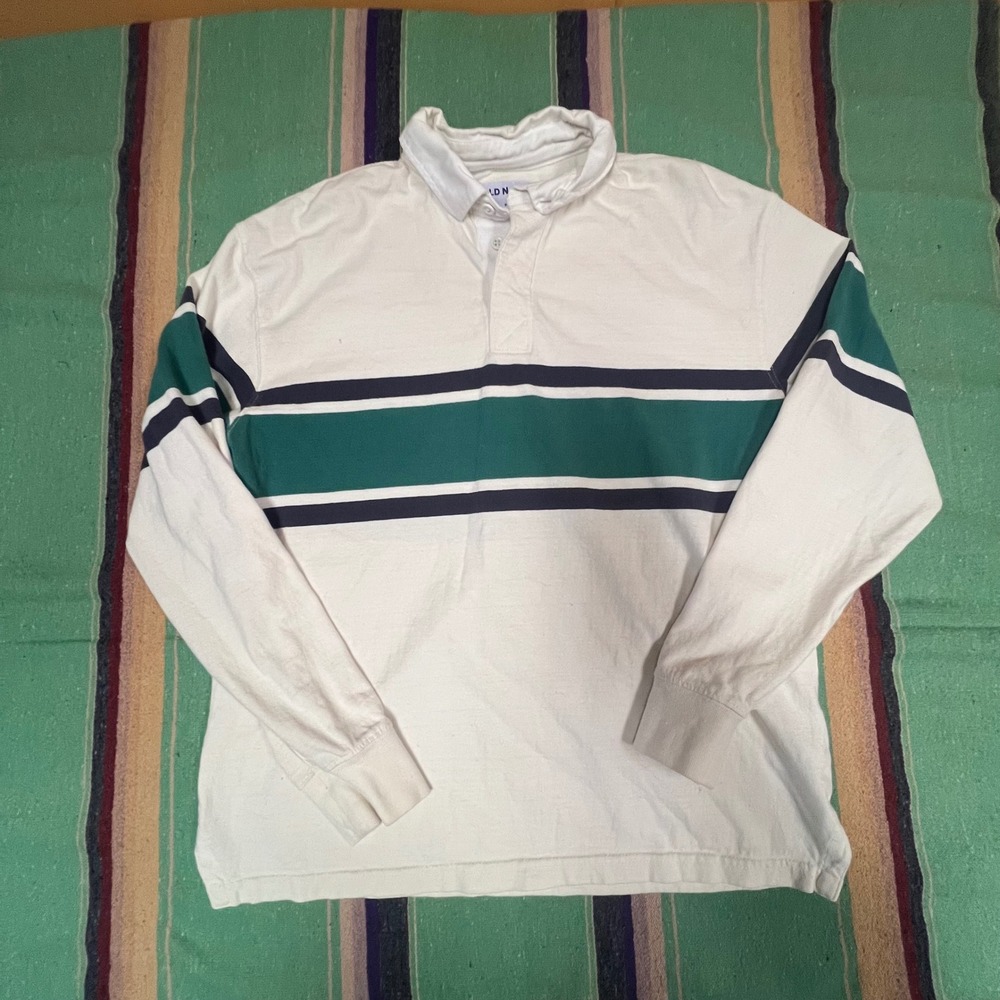 Old Navy Rugby Shirt Mens M White Green Striped Long Sleeve Cotton Preppy Top